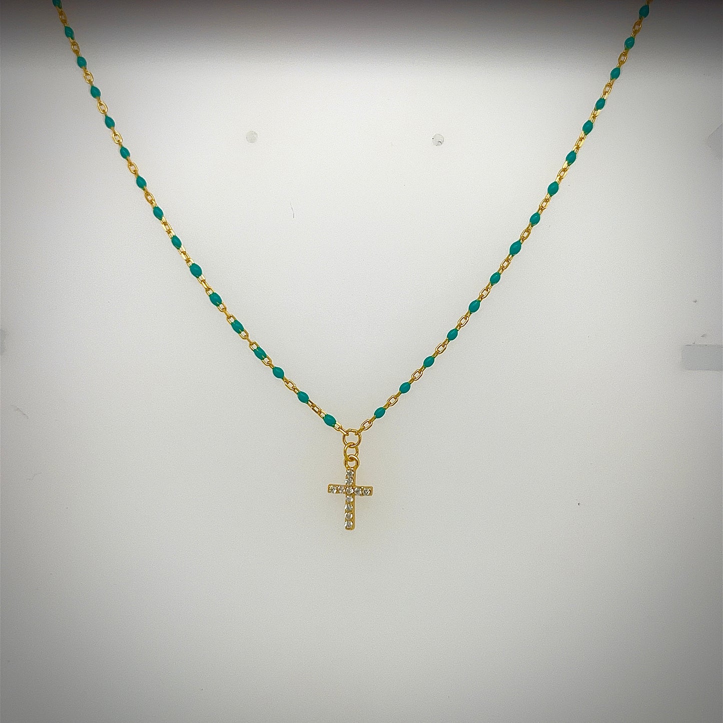 Gold Tiny Cross Necklace with Blue Beads and Gold Chain