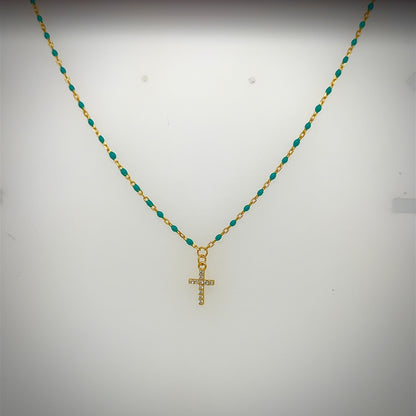 Gold Tiny Cross Necklace with Blue Beads and Gold Chain